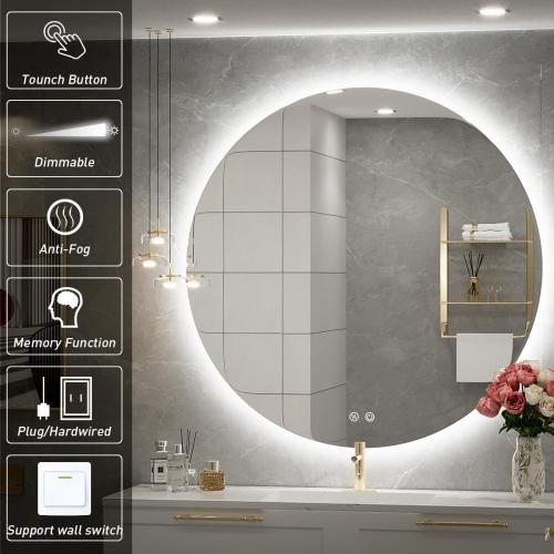 24 Inch Round LED Bathroom Mirror - 6000K Daylight Backlit, Anti-Fog & Dimmable, Frameless Waterproof Mirror with Touch Control, CRI90 , IP54 for Vanity & Makeup