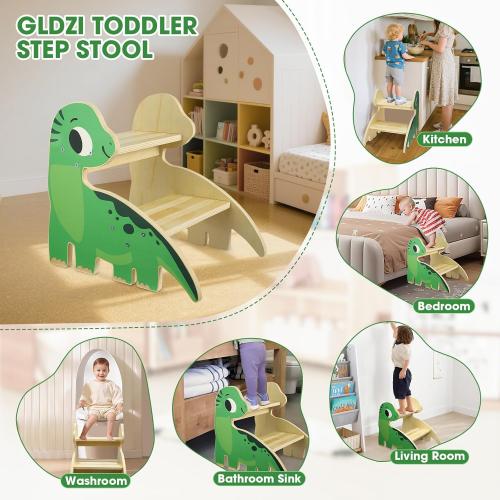 Toddler Step Stool, 2-Step Wooden Step Stool for Toddlers with Non-Slip Base, Cute Printed Design Potty Training Stool for Bathroom Sink, Kitchen & Bedroom (Dinosaur)