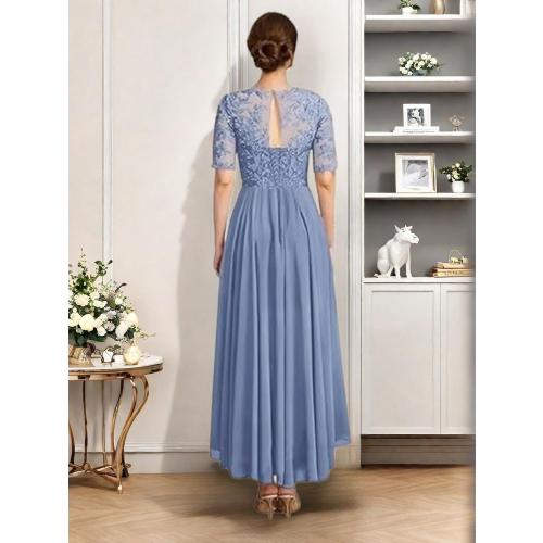 Size L Women's Half Sleeves Mother of The Bride Dresses for Wedding Lace Appliques Ruffled Chiffon Formal Evening Gowns