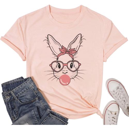 L Funny Bunny Print T Shirt for Women Cute Grapic Leopard Shirts Family Blouse Gifts Easter Tops Tee