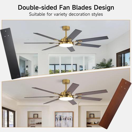 64 Inch Ceiling Fans with Lights and Remote, Bedroom Living Room Office Library Cafe Outdoor Industrial, 5CCT Dimmable, Dual Color 7 Blades, 6 Speed Reversible Quiet DC Motor, Gold/Wood Grain