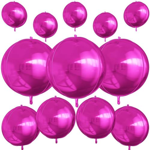 12Pcs Hot Pink Round Foil Balloons, 22 15 10 4D Helium Ball Balloon, Metallic Pink Foil Balloon for Birthday Graduation Wedding Anniversary New Year Eve Disco Prom Party Decorations