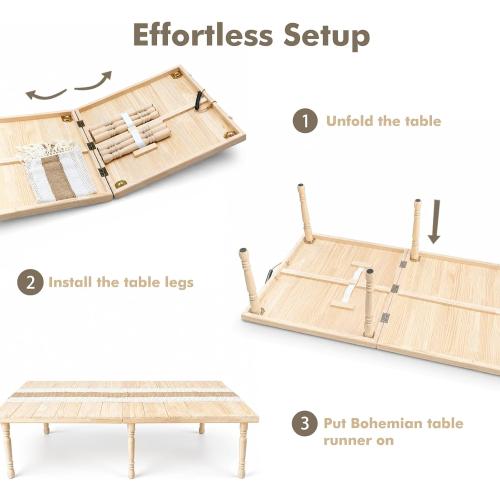 Boho Folding Picnic Table, 60 x 30 Low Wooden Table | Includes Table Runner & Non-Slip Pads, Portable Indoor/Outdoor Table for Camping, Beach, Garden, Wedding & Parties, Seats 6-8