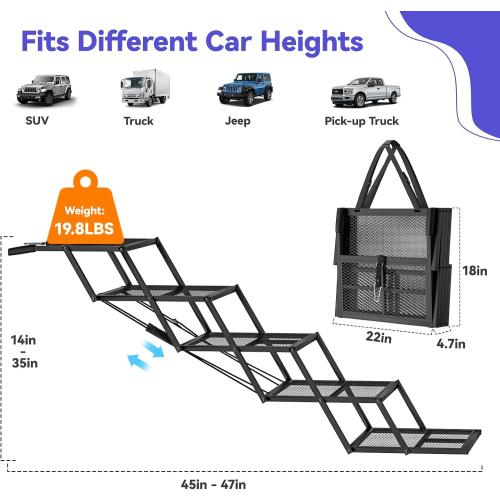 Color Black Pawaboo Extra Wide Dog Stairs for Car, Foldable Dog Ramps for Car with Non Slip Surface & Reflective Tape, Heavy Duty Dogs Steps for Cars, SUV, Truck, 300lbs Capacity, 14-35 Adjustable Height
