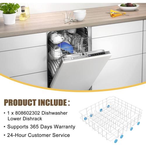 UPGRADED 808602302 Dishwasher Lower Rack Compatible with Frigidaire, Kenmore Bottom Rack Dishwasher Replacement with 154174501 Blue Wheels Replace 154432602 154432601 Dishwasher Rack Replacement