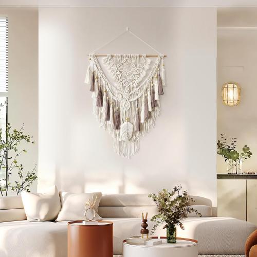 Lokeisna Macrame Wall Hanging, Woven Tapestry Beige & Dusty Rose Handmade Craft Macrame Wall Decor, Gallery & Nursery, Size 37.4” Lx27.5” W