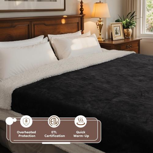LaffyLo Electric Heated Blanket Twin, Fast Heating Blanket, Dual-Sided Flannel Sherpa, 10 Heat Settings, 1-12 Hour Auto Off, Machine Washable, Dark Grey