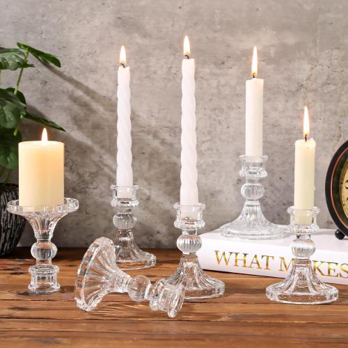 6 Pcs Clear Glass Taper Candle Holders – 4 Ribbed Candlestick Holders for Standard Candles | Elegant Centerpiece for Wedding, Party, Holiday & Home Decor