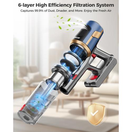 Cordless Vacuum Cleaner, 30Kpa Vacuum Cleaners for Home, Max 50Mins Runtime, Anti-Tangle Stick Vacuum, LED Screen, 1.5L Dust Cup, Rechargeable Lightweight Vacuum for Hardwood Floor, Carpets, Pet Hair