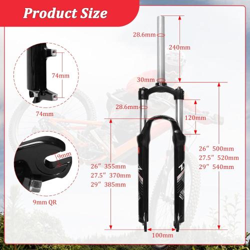 26/27.5/29 Inch MTB Suspension Fork, Travel 120mm, 28.6mm Straight Tube QR 9mm, 100mm Spacing Hub, Crown Lockout Aluminum Alloy Shock Absorber XC Mountain Bike Front Fork