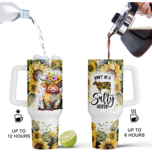 Fancyfams Highland Cow tumbler, 40 oz Stainless Steel Tumbler with Handle Lid and Straw, Cow Gifts for Women Print Mug Cups Lovers Themed Gifts Cute Stuff (Salty 40oz)