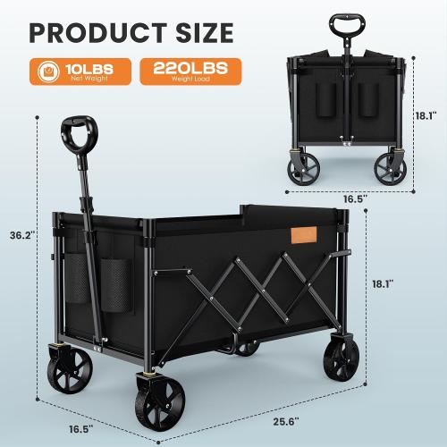 Color Black Collapsible Wagon Cart Foldable with 220lbs Weight Capacity, Lightweight Portable Folding Utility Grocery Shopping Cart with Wheels for Camping Sports Beach and Shopping