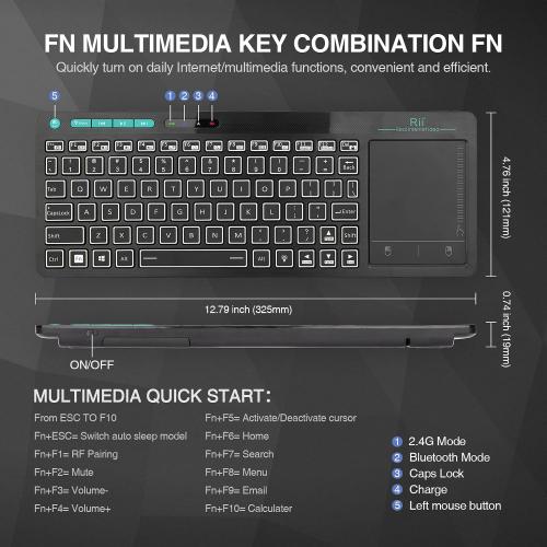 (Dual Mode) Rii RT518S Wireless and Bluetooth 2-LED Color Backlit Multimedia Keyboard with Multi-Touch Big Size Trackpad,Rechargable Keyboard for Android TV Box,PC,Tablets,Smart TV, HTPC, IPTV,Windows