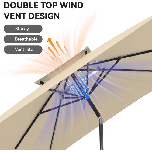 6.6 x 10 ft Rectangular Patio Umbrella, Outdoor Market Table Umbrella with Push Button Tilt and Crank, Double-Tier Vent, 6 Ribs, Rectangle Patio Umbrella for Backyard, Deck, Pool, Fits 4–6 Chairs and Tables (Beige)