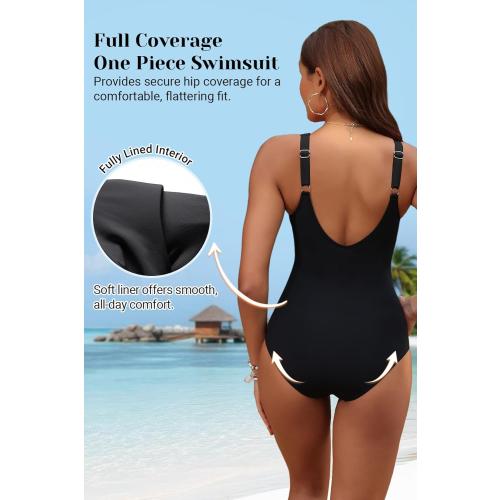 Holipick Women Medium Black Tummy Control One Piece Swimsuit - Push Up Bathing Suit Full Coverage Slimming Swimwear