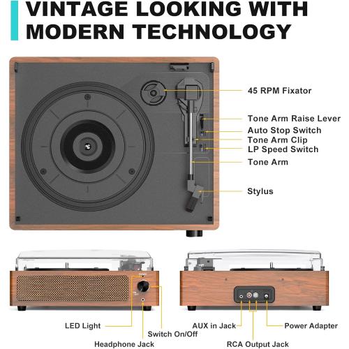 Vinyl Record Player with Speakers Vintage Turntable for Vinyls Records Belt-Driven Turntables 3-Speed Bluetooth Playback Headphone AUX RCA Line LP Vinyls Players for Sound Enjoyment Retro Brown
