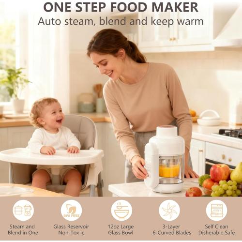 Baby Food Maker Glass 12oz Steamer and Blender Glass Reservoir & Bowl 9 in 1 Baby Puree Maker with Stainless Steel Blades Dishwasher Safe Food Blender, Timer, Recipe