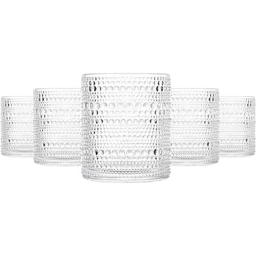 SET OF 6 Color Clear Glassware Set of 6, 13 OZ/390ml Hobnail Kitchen Glassware, Embossed Vintage Glass for Water, Cocktail, Soda, Beverage, Juice