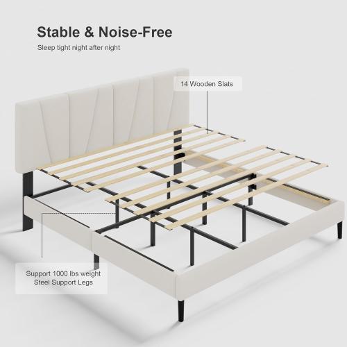 Queen Size Bed Frame with Fabric Upholstered Headboard, Platform Bed with Wooden Slats Support, Fully Mattress Foundation, Box Spring Optional, Easy Assembly