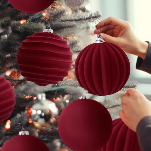 Syhood 4 Pcs 6 Inch Velvet Christmas Balls Large Velvet Ornaments Balls Xmas Tree Decorations Hanging Flocked Ornaments for Christmas Tree Home Garland Holiday Party Decor (Burgundy)