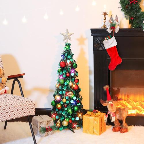 N&T NIETING Pop Up Christmas Tree with Lights, Collapsible Tinsel Xmas Tree Decorations, Pencil Christmas Tree Skinny Tree for Holiday Xmas Home Office Decor, 25 Balls, 3Ft, Peacock Blue