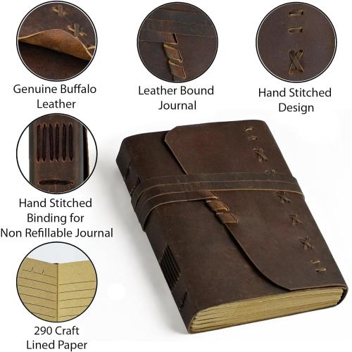 Leather Journal Notebook for Men & Women Daily Vintage Leather Bound Journal Travel Notebook 290 Lined Paper Diary Writing Journal Travelers Scrapbook Poetry Sketchbook Leather Gifts with Pen Holder