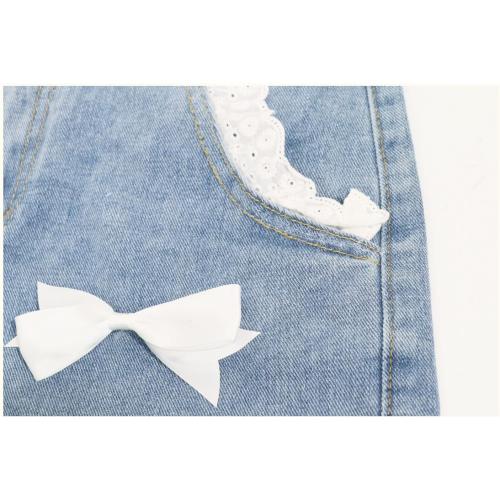 Size L Denim Shorts Women Teen Girls High Waisted Sweet Lace Hem Cute Bow Wide Leg Blue Jean Shorts