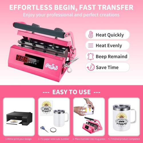 Tumbler Heat Press Machine, Mug Press Machine for 20oz 30oz, Sublimation Blank Skinny Tumbler Glass Jar Can 11-16oz Mugs, Heat Transfer Print for Sublimation Tumblers, Cups, Mugs Hot Pink