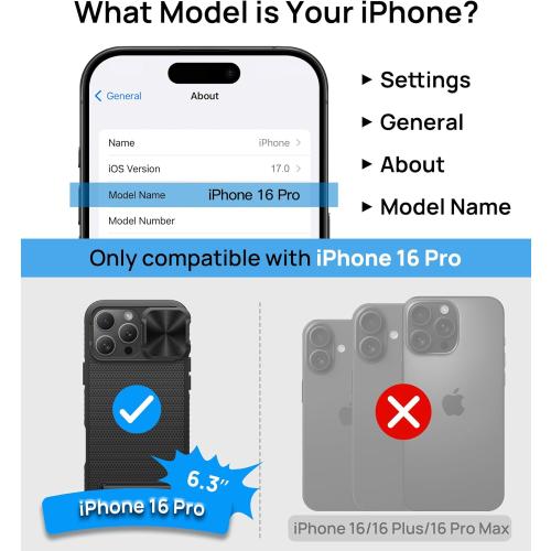 for iPhone 16 Pro Case Built-in Slide Camera Cover, Military-Grade Protection, Slim Compatible with MagSafe, Magnetic with Stand, Men Women Protective Phone Case for iPhone 16 Pro, Black