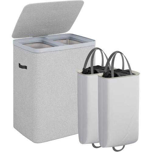 CASAMAYA Laundry Basket with Lid, Laundry Hamper 2 Section, 170L collapsible Laundry Organizer, Easy Assembly, with Handles and Removable Liners, 22 x 15.7 x 29.5 Inches, Gray JSP903G