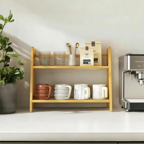 Coffee Station Organizer, Bamboo Mug Holder Countertop, Kitchen Counter Shelf for Tea Coffee Bar Accessories, Matcha Stand, Cup Display, Condiment Storage Rack (patent pending)