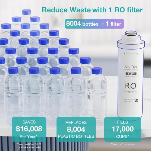 SimPure T2-600A Alkaline Reverse Osmosis Water Filter System, NSF/ANSI 58 Certified, Built-in Pressure Tank Filter, UV, 600 GPD 8 Stage RO Filtration with Mineral, 2:1 Pure to Drain Ratio