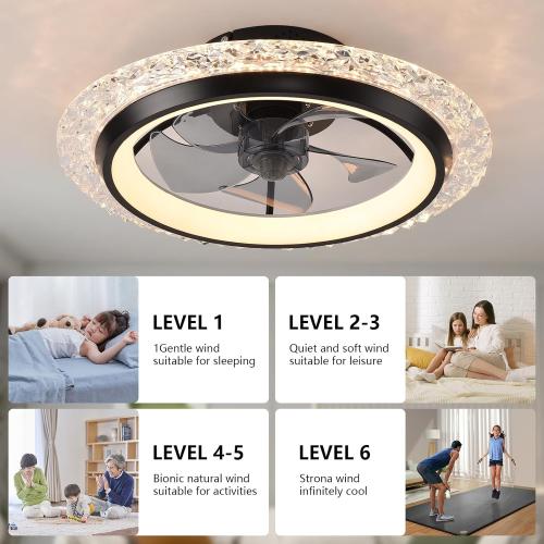 Black KINDLOV Modern Ceiling Fans with Lights, 19.7 Flush Mount Ceiling Fan with Dimmable Light and Remote,6-Speed Wind for Bedroom,Living Room,Low Profile Ceiling Fan with Light,Black