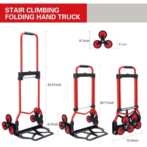 Stair Climbing Dolly Cart,Stair Climbing Hand Truck Dolly with Telescoping Handle and Stairs Wheels,200 LB Capacity Heavy Duty Folding Hand Truck for Stairs,Moving,Office (Red)