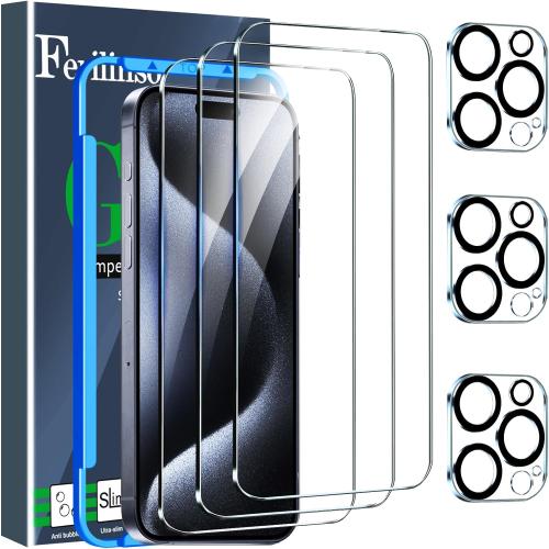 Ferilinso 3 Pack Screen Protector for iPhone 15 Pro with 3 Pack Tempered Glass Camera Lens Protector Phone Case Friendly Ultra Accessories Protector de Pantalla for Apple iPhone 15 Pro