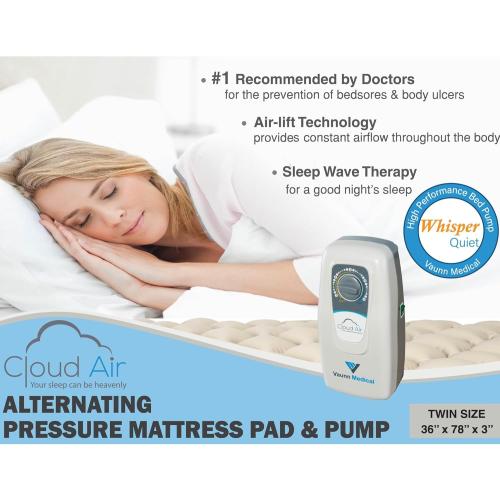 Vaunn Medical Cloud Air Whisper Quiet Alternating Air Pressure Mattress Topper with Pump Twin Size 36 x 78 x 3