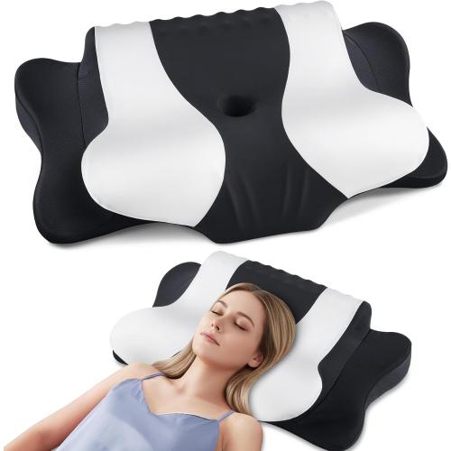 Cervical Neck Pillow for Pain Relief,Cervical Pillow with Memory Foam Ergonomic Pillows with Dual Heights for Back, Stomach and Side Sleepers Kids' Floor Pillows Cushions (Black, Standard 26×15)