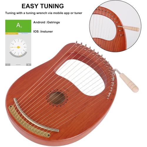 LIEKE Lyre Harp 16 Strings with Bag Tuning Wrench,Metal Strings,Mahogany Body and Copper Saddle,Professional Lyre Harp instrument Gift for Beginner Musician