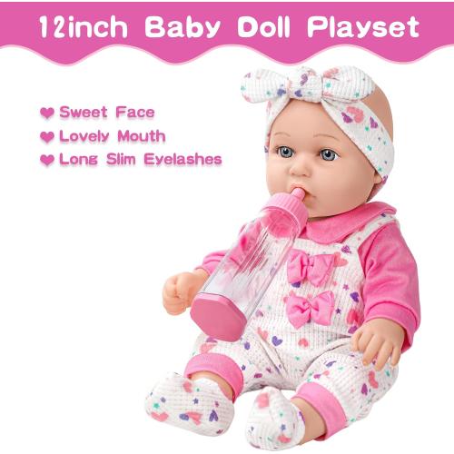 12 Baby Doll with Pink Bowknot Clothing Set,12 Inch Realistic Baby Dolls with Clothes and Accessories,Pacifier Bottle Toy Pretend Play Collection for 3  Child Girls Gifts