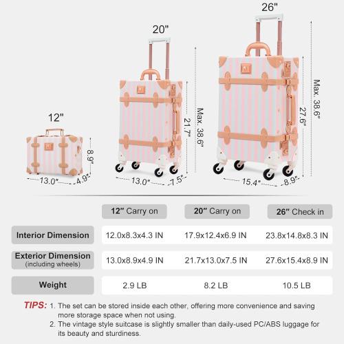 UNIWALKER Vintage Luggage Set, 2 Piece Faux Leather Carry on Suitcase with Spinner Wheels TSA Lock and Cosmetic Train Case for Women, Pink Strip, 20 12
