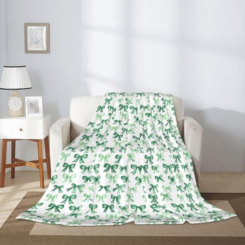 Throw Blanket Bow Pattern Green Flannel Blanket 80 x 60 Inch Soft Lightweight for Sofa Couch Living Room Bed Office All-Season Comfort