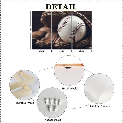 iLOOKLiKE 3 Panels Retro Baseball Canvas Wall Art Vintage Baseball in Glove Poster Sports Pictures Wall Decor for Boy's Room Living Room Decoration Stretched and Framed Each Size Medium