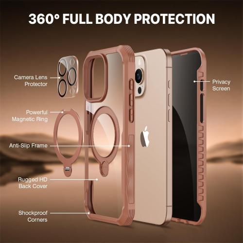 CENHUFO for iPhone 16 Pro Case [Compatible with Magsafe] Full Body Phone Case Built-in 9H Tempered Glass Privacy Screen Protector and 360° Spin Magnetic Stand Ring, Camera Lens Cover - Desert Brown