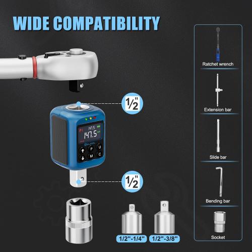 Digital Torque Adapter 1/2, 2.2-147.5 Ft-lb/3-200 Nm, Digital Torque Wrench Converter with ±2% Accuracy, Buzzer and LED Indicator, 2 Modes, 4 Units, 3/8'' & 1/4'' Adapters for Car, Moto