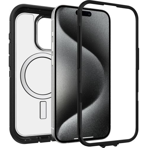 OtterBox iPhone 15 Pro (Only) Defender Series XT Clear Case - Dark Side (Black/Clear), screenless, Rugged, Snaps to MagSafe, Lanyard Attachment