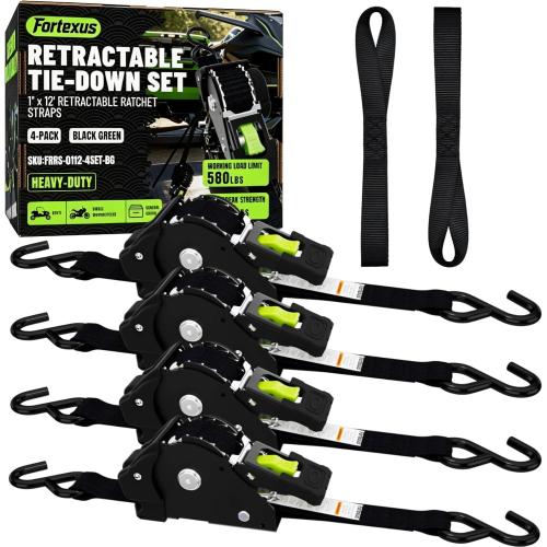 Retractable Ratchet Straps, 4-Pack, 1 Inch x 12 Feet, 1,760lb Break Strength, Self Retracting Tie Down for Truck, Cargo Trailer, Motorcycle, ATV, UTV (Black, 4pack)