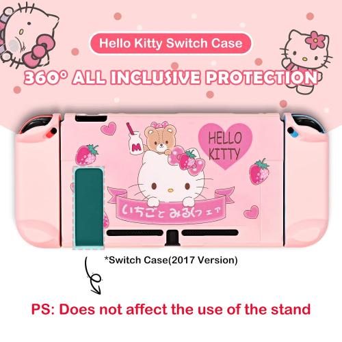DLseego Lovely Kitty Switch Protective Case Dockable Hard Shell Anti Scratch Cover Pink Joy Con Skin with 3PCS Compatible with Regular Switch