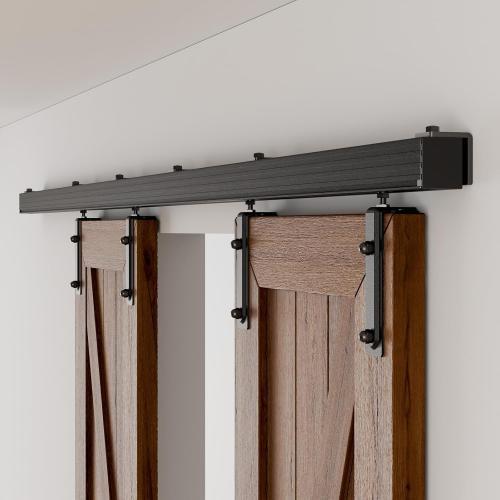 144/12FT Double Barn Door Hardware Kit Box Rail, Exterior Barn Door Hardware Kit Wall Mount, Heavy Duty Aluminium Alloy Track (No Panel)