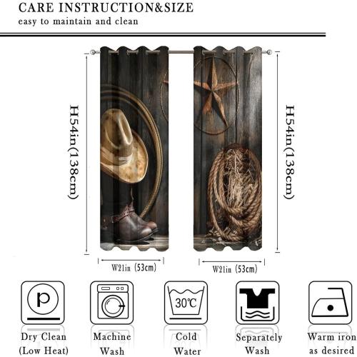 Western Farmhouse Room Darkening Blackout Window Curtains with Grommets,Rustic Cowboy Leather Boots Texas Star Hat on Wooden Energy Efficient Window Treatment 2 Panels 54L x 21W