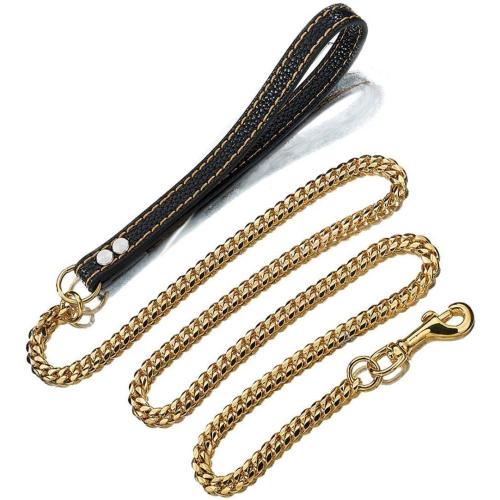 Strong Dog Chain Gold Leash Long 3FT 4FT 5FT 18K Stainless Steel 12mm Curb Cuban Link Dog Leash with Comfortable Genuine Leather Handle(Gold, 3FT)